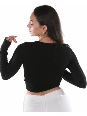 Aksuna Moda V Yaka Uzun Kol Önü Büzgülü Siyah Crop Top Bluz