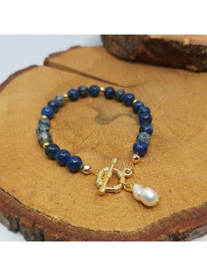 Suerte Accessories Lapis Lazuli Doğal Taşlı Gold Gemici Kilit Motifli Mallorca İncili Bileklik