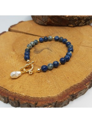 Suerte Accessories Lapis Lazuli Doğal Taşlı Gold Gemici Kilit Motifli Mallorca İncili Bileklik