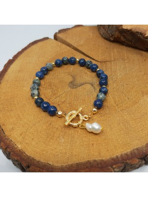 Suerte Accessories Lapis Lazuli Doğal Taşlı Gold Gemici Kilit Motifli Mallorca İncili Bileklik