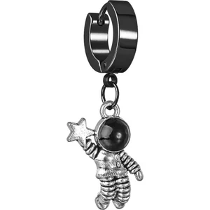 The Collection Unisex Paslanmaz Siyah Çelik Astronot Robot Sallantılı Halka Küpe