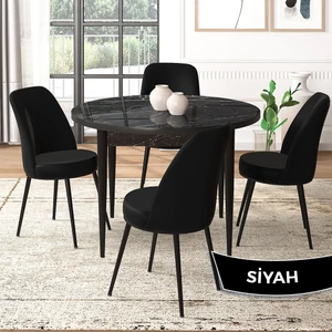 Concept Tor Serisi,  Yuvarlak Mutfak Masa Takımı, Siyah Mermer Desen Masa ve 4 Sandalye