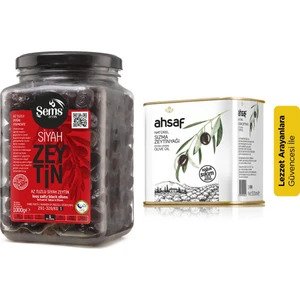 Zeytin + Yağı Paketi (Ahsaf Soğuk Sıkım Zeytinyağı 500 ml + Şems Siyah Zeytin 291-320 1 kg)