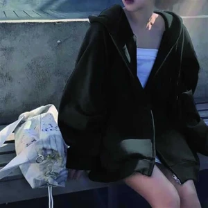 Touz Moda Sokak Tarzı Düz Oversize Siyah Kapşonlu Hırka
