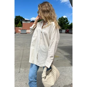 Bej Oversize Basic Cepli Poplin Gömlek MG1530