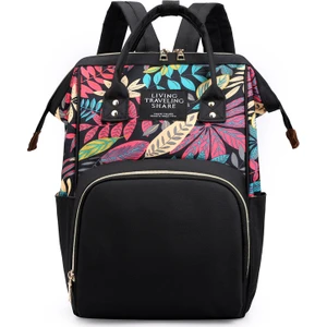 Lovehome Büyük Kapasiteli Yaprak Desenli Çok Fonksiyonlu Anne Bebek Sırt Çantası - Siyah (Yurt Dışından)