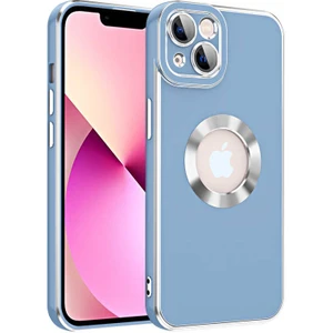 Case 4U Apple iPhone 13 Kılıf Kamera Korumalı Parlak Kenarlı Altın Işlemeli Renkli Logo Gösteren Kongo Kapak Mavi