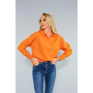 Kadın Oversize Gömlek Düz Renk Oranj Uzun Kol %70 Pamuk %30 Polyester