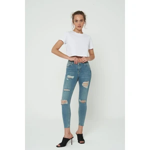 Cross Jeans Judy Orta Mavi Yüksek Bel Fermuarlı Yıpratmalı Jean Pantolon C 4521-126