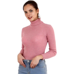 Kadın Canlı Pembe Boğazlı Fitilli Triko Kazak HZL22W-H100011