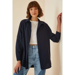 Kadın Lacivert Oversize Uzun Basic Gömlek HZL22W-BD139001