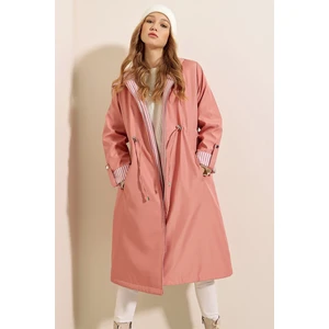 Kadın Pembe Beli Büzgülü Kapşonlu Uzun Trençkot HZL22W-BD190911