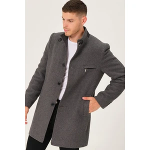 Erkek Palto Düz Gri Uzun Kol %70 Yün %30 Polyester Şık Tasarım