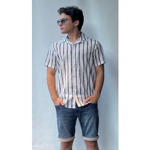 %100 Pamuk Regular Fit Kısa Kollu Apaj Yaka Çizgili Gömlek 22701