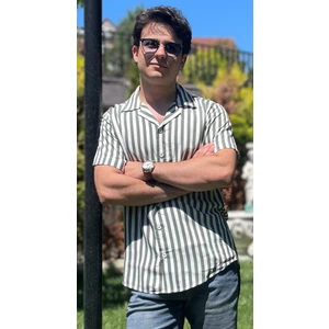 Regular Fit Kısa Kollu Apaj Yaka Yeşil Çizgili Gömlek 22702