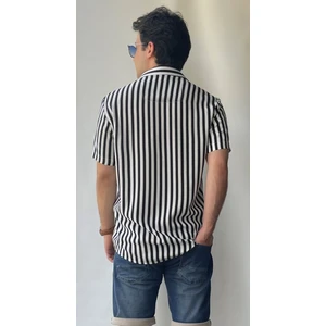 Regular Fit Kısa Kollu Apaj Yaka Siyah Çizgili Gömlek 22703