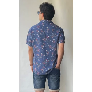 Regular Fit Kısa Kollu Apaj Yaka Koyu Mavi Çiçek Desenli Gömlek 22709