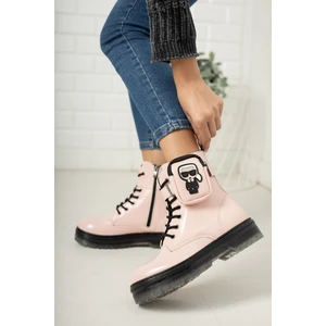 Pembe Kırışık Rugan Fermuarlı Cep Detaylı Kız Çocuk Botu