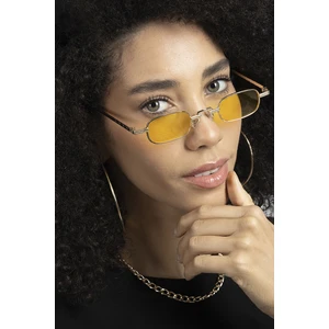 Sarı Camlı Metal Çerçeveli Küçük Dikdörtgen Retro Kadın Güneş Gözlüğü