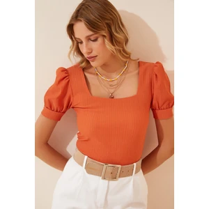 Kadın Oranj Kare Yaka Örme Bluz HZL22W-BD104091