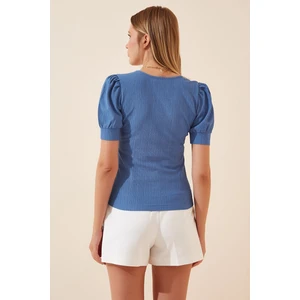 Kadın Mavi Kare Yaka Örme Bluz HZL22W-BD104091