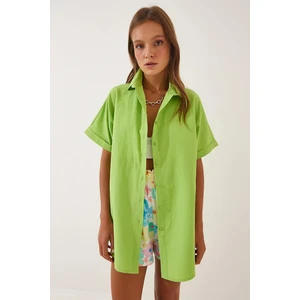 Kadın Fıstık Yeşili Oversize Uzun Kısa Kollu Basic Poplin Gömlek HZL22S-BD1201201