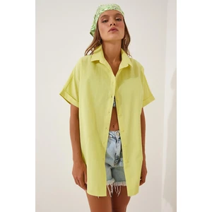 Kadın Sarı Oversize Uzun Kısa Kollu Basic Poplin Gömlek HZL22S-BD1201201