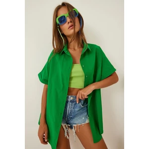 Kadın Koyu Yeşil Oversize Uzun Kısa Kollu Basic Poplin Gömlek HZL22S-BD1201201