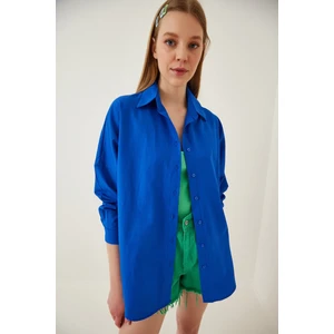 Kadın Canlı Mavi Oversize Uzun Basic Gömlek HZL22W-BD139001