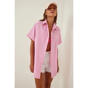 Kadın Pembe Oversize Uzun Kısa Kollu Basic Poplin Gömlek HZL22S-BD1201201