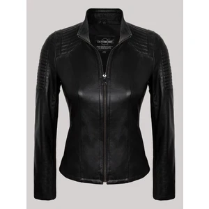 Deri Siyah Omuzdan Düz Çizgi Desenli Kadın Deri Mont