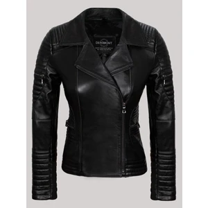 Deri Siyah Kol ve Bel Fermuar Cepli Düz Çizgi Detaylı Kadın Deri Mont