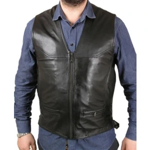 Deri Siyah Classic Fermuarlı Erkek Deri Yelek