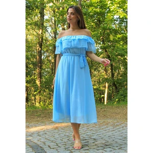 Neşeli Butik Kadın Bebe Mavisi Kuşaklı Madonna Yaka Baby Shower Elbise NB8060