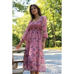 Neşeli Butik Kadın Pudra Gipeli Kare Yaka Desenli Şifon Elbise NB100361