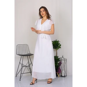 Neşeli Butik Kadın Kruvaze Yaka Bağlama Detaylı Yeni Sezon Uzun Şifon Elbise KTS001