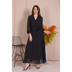 Neşeli Butik Kadın Kruvaze Yaka Bağlama Detaylı Yeni Sezon Uzun Şifon Elbise KTS003