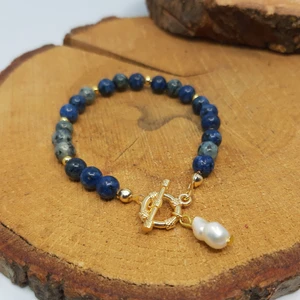 Suerte Accessories Lapis Lazuli Doğal Taşlı Gold Gemici Kilit Motifli Mallorca İncili Bileklik
