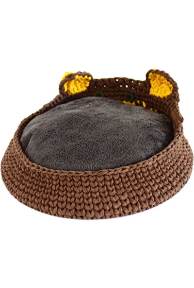 Trendy Sevimli Ayıcık Kedi Köpek Yatağı Sert Taban El Yapımı Kahverengi