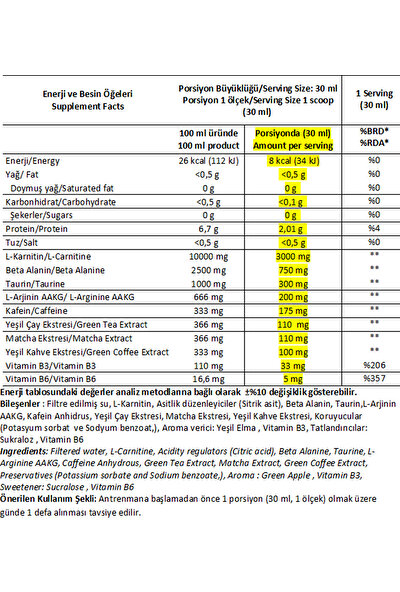High Nutrition L-Carnitin Thermo 1000 ml 3000 Mg 33 Servis Likit Carnitine Yeşil Elma Aromalı + Shaker
