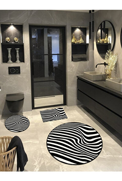 Ardizayn Zebra Kaymaz Pamuk Taban Yuvarlak Banyo Halısı (40 x 60 - 60 x 60 - 100 x 100 cm 3'lü)
