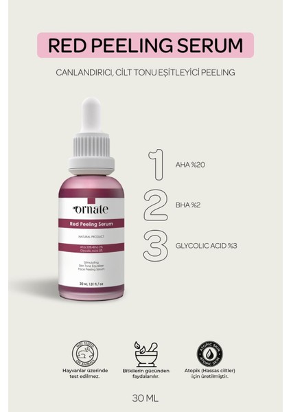 Canlandırıcı Cilt Tonu Eşitleyici Yüz Peeling Serum 30 ml Aha 20% + Bha 2% + Glycolic Acid %3