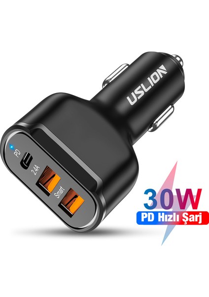 USLİON 30W 2 USB + Type-C Girişli QC3.0 Hızlı Araç Çakmaklık Şarjı