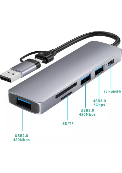5 In 1 Macbook Android Uyumlu Type-C To 3x USB 3.0 SD Tf Kart Okuyucu Çevirici Adaptör
