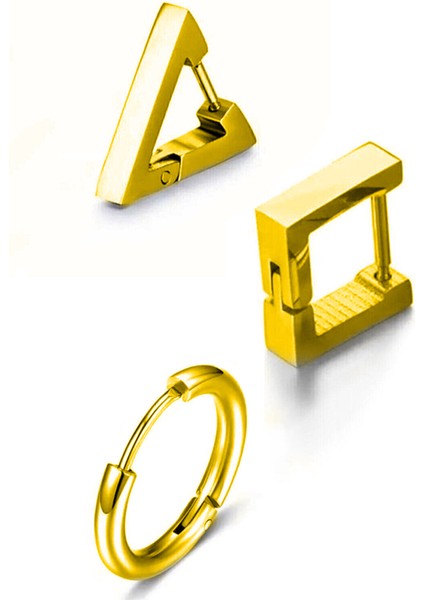 3 Adet Set Gold Üçgen Kare Daire Geometri Cerrahi Çelik Küpe