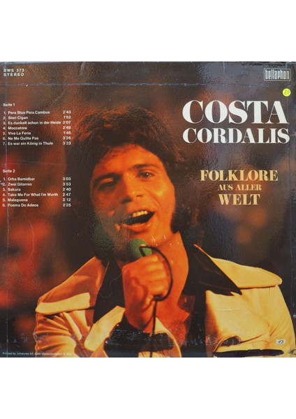 Costa Cordalis,folklore Aus Aller Welt ,alman Baskı 1967 Lp