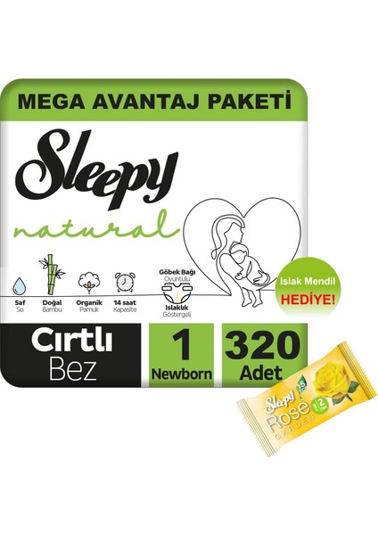 Natural Bebek Bezi Mega Avantaj Paketi 1 Numara 320'LI 2 - 5 kg + Islak Mendil