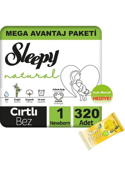 Natural Bebek Bezi Mega Avantaj Paketi 1 Numara 320'LI 2 - 5 kg + Islak Mendil