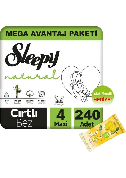 Natural Bebek Bezi Mega Avantaj Paketi 4 Numara 240'LI 7 - 14 kg + Islak Mendil