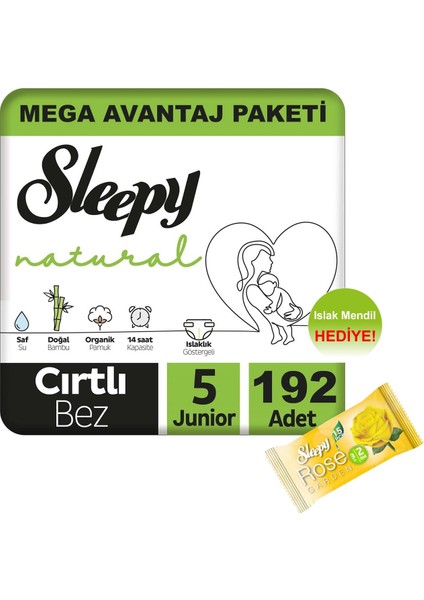 Natural Bebek Bezi Mega Avantaj Paketi 5 Numara 192'LI 11 - 18 kg + Islak Mendil